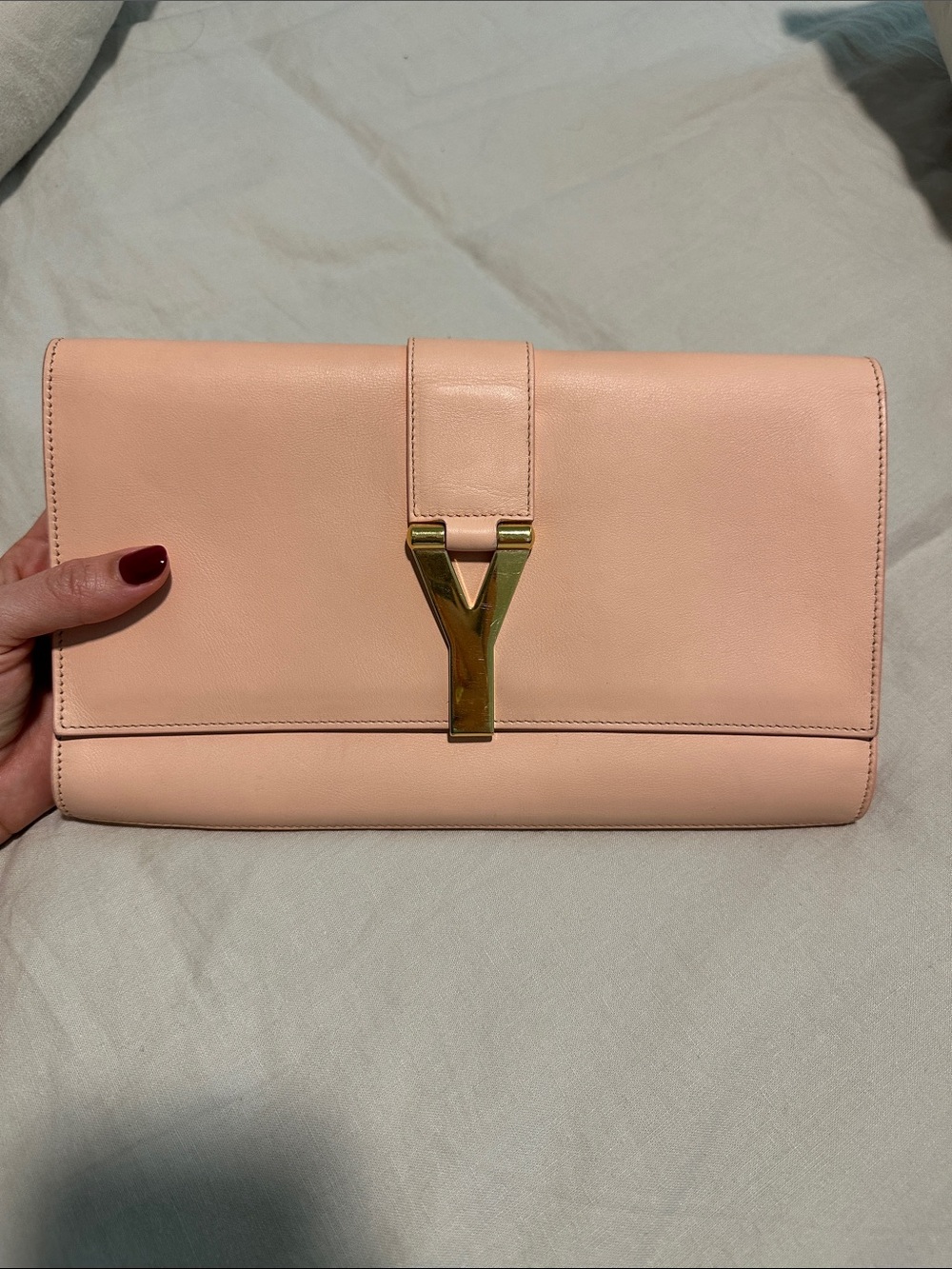 Saint Laurent Blush Pink Leather Clutch with Gold Y Clasp